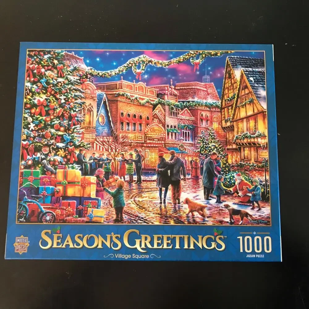 Master Pieces Seasons Greetings Village Square 1000 Piece Puzzle COMPLETE